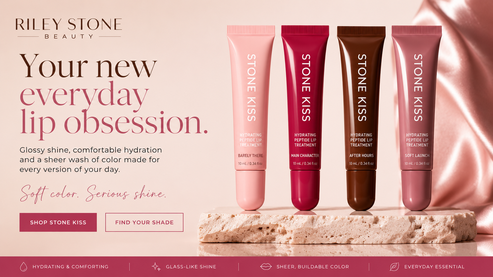 Riley Stone Beauty — Stone Kiss hydrating peptide lip treatment in four shades: Barely There, Main Character, After Hours, Soft Launch.